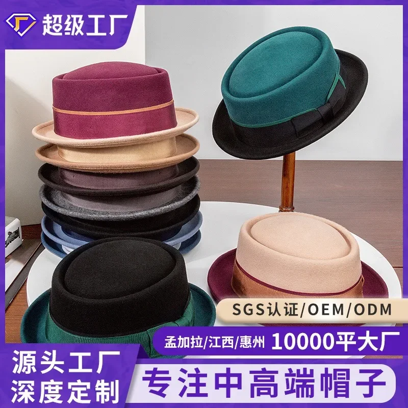 Women's Winter Wool Felt Flat Top Hat Rolled Brim Vintage Bow British Fedora