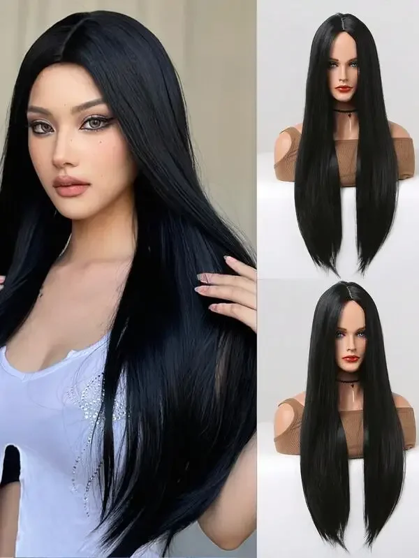 Black Long Straight Synthetic Wig for Women Middle Part Hairline Natural Looking Daily Party Wear Full Wig 26 Inches Daily Party