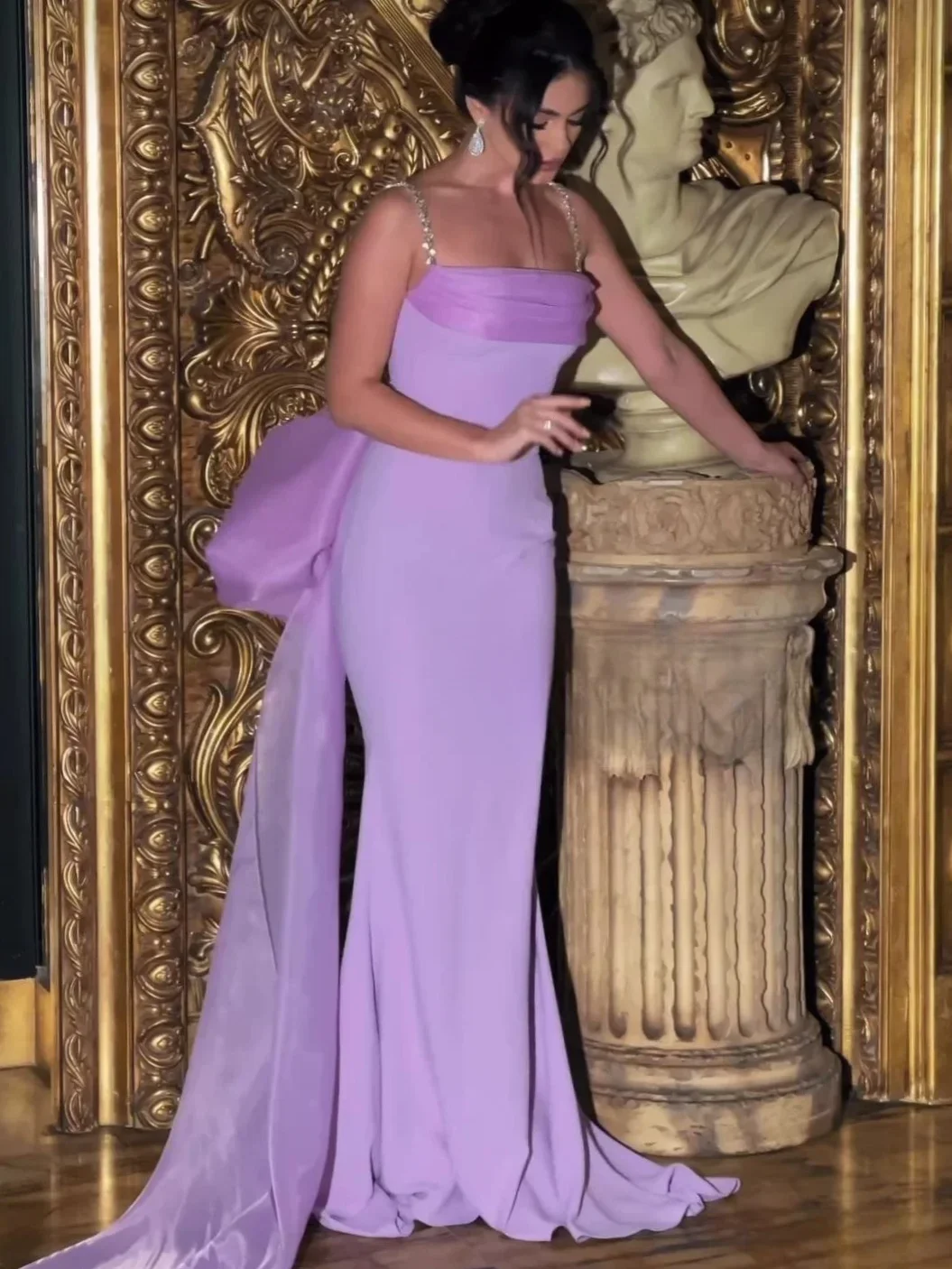 Oisslec Dress Elegant Vintage Sweet Lilac Purple Beads Bow Shiny Sexy Customize Formal Occasion Prom Dress Evening Party Gowns