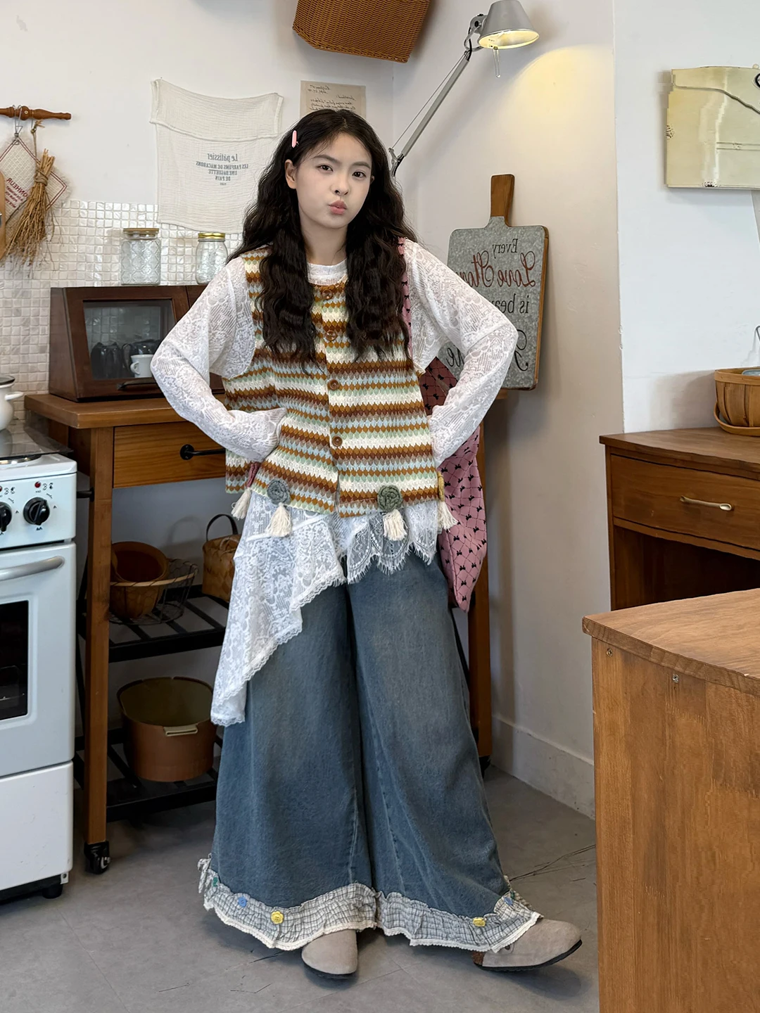 

plus Size Women's Knitted Stripe Vest Set Three Pieces Loose Layering Lace Skirt Pants Spring Fashion Outfit Korean Style