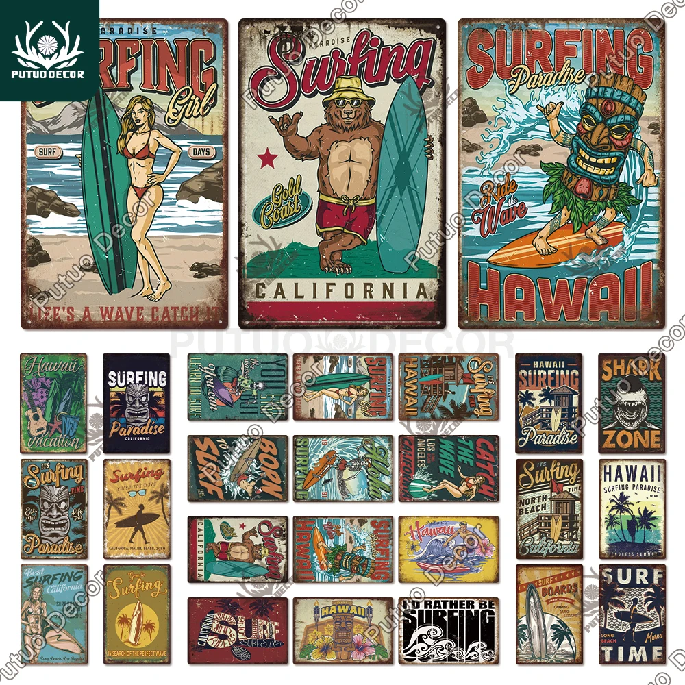 Putuo Decor Surfing Sign Vintage Tin Signs Plaque Metal Plate Seaside Poster Wall Art Decoration for Beach Living Room Home