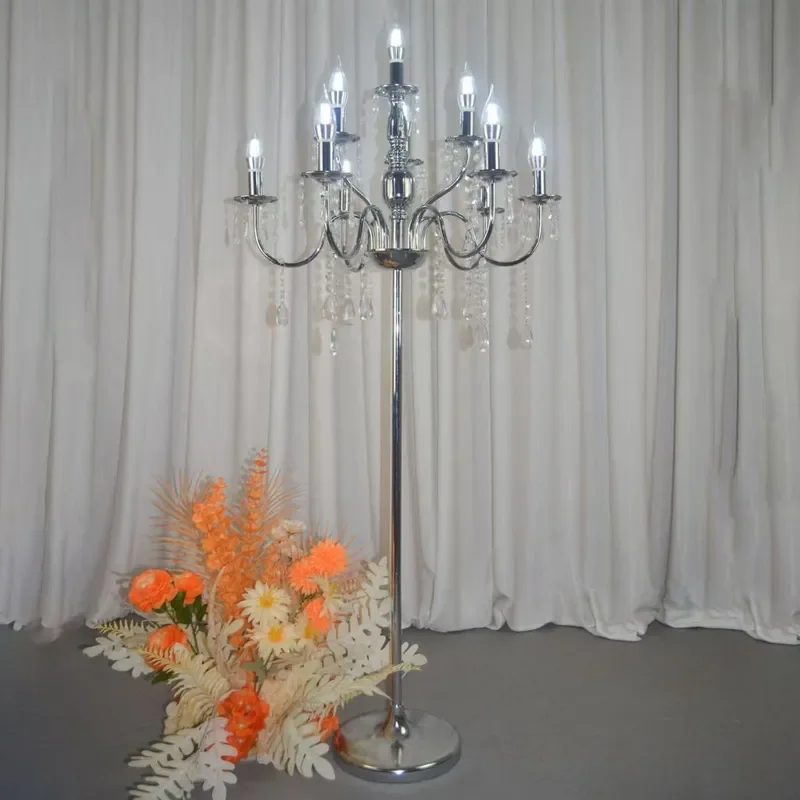 Luxury Gold Electroplated Wrought Iron Crystal Candelabra Vertical Wedding Centerpiece Stage Decoration Lamp Stand for Event