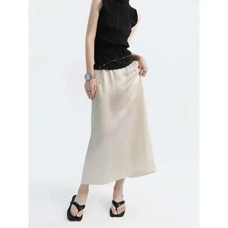 Summer thin loose silk skating cool casual light luxury drape skirt with pleated texture and slit