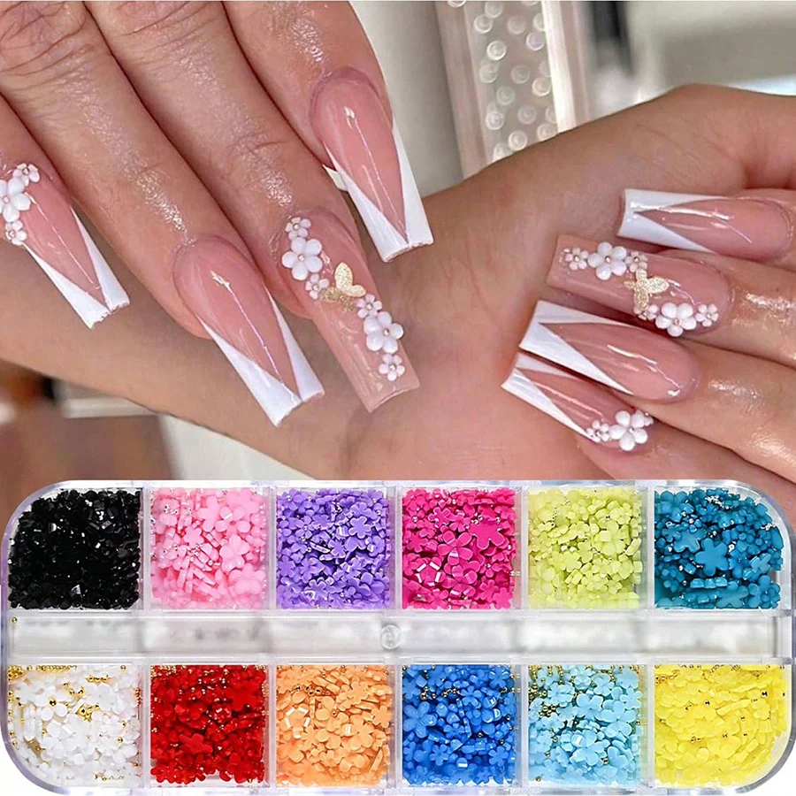 12 Gitter 3D-Blumen-Nagelcharms, Gold-Silber-Kaviarperlen, gemischte Strass-Blüten-Edelsteine, DIY-Maniküre-Zubehör