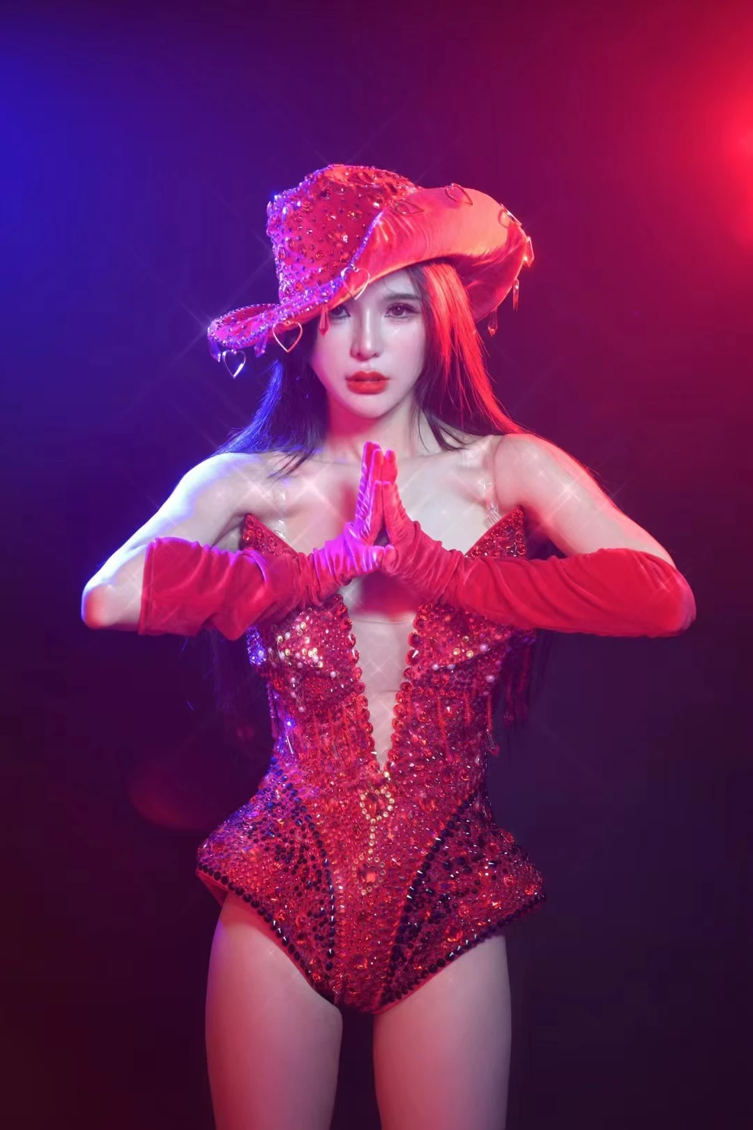 uxury Shining Red Ctystals Women DanceJumpsuit Sexy Show Party Club Bodysuit WithGloves Drag Queen Sing Stage Performance A656