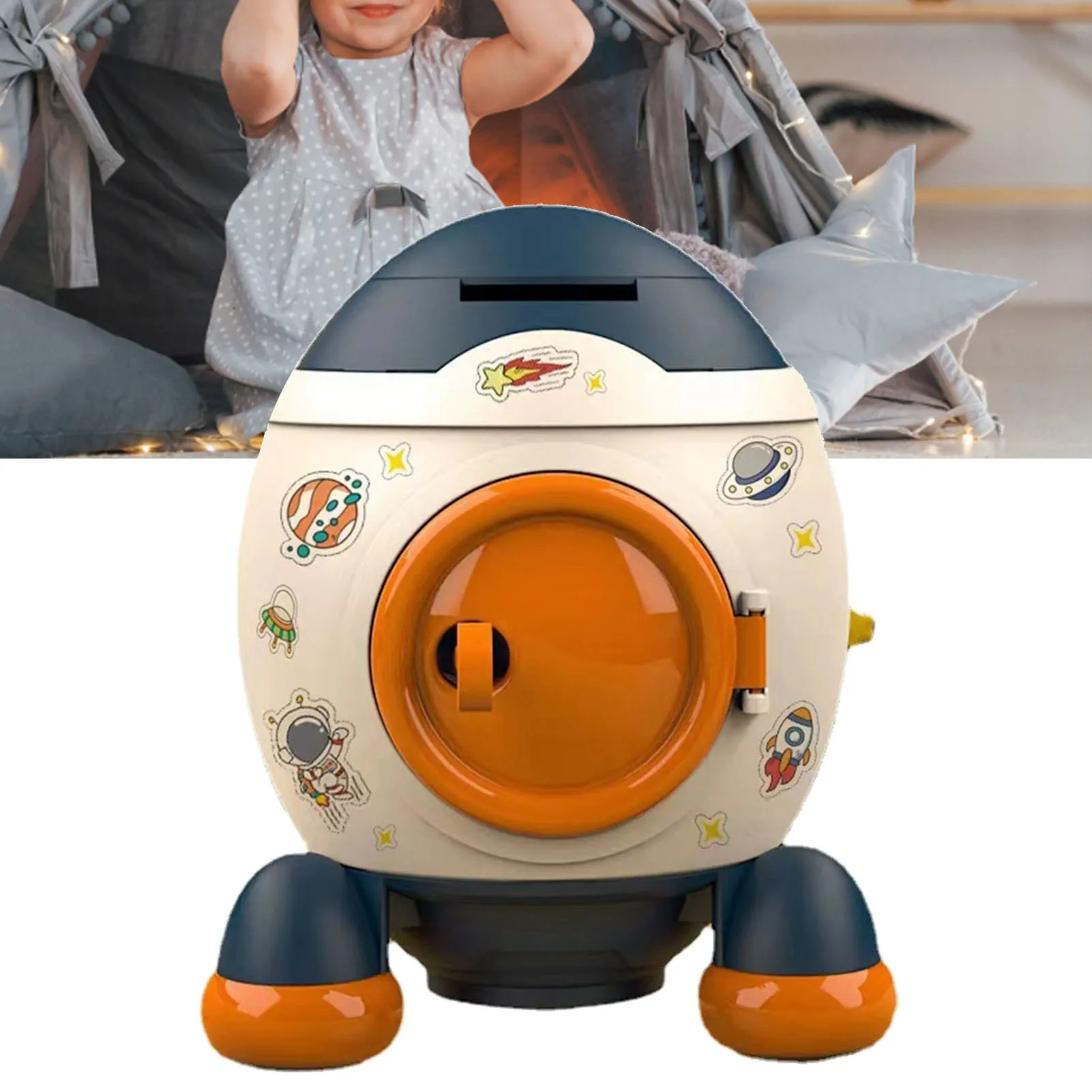 

E2 Cartoon Style Space Rocket Piggy Bank Money Box Bank Money Saving Jar Boy Girl Gift Morandi Blue Moneybox Piggy Banks To Save