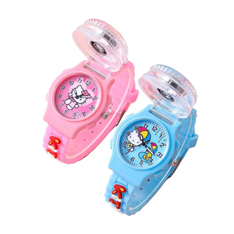 Miniso Anime Cartoon Sanrio Hello Kitty Children Quartz Flip Up Rotatable Watch Girls Student Sport Wristwatch Christmas Gift