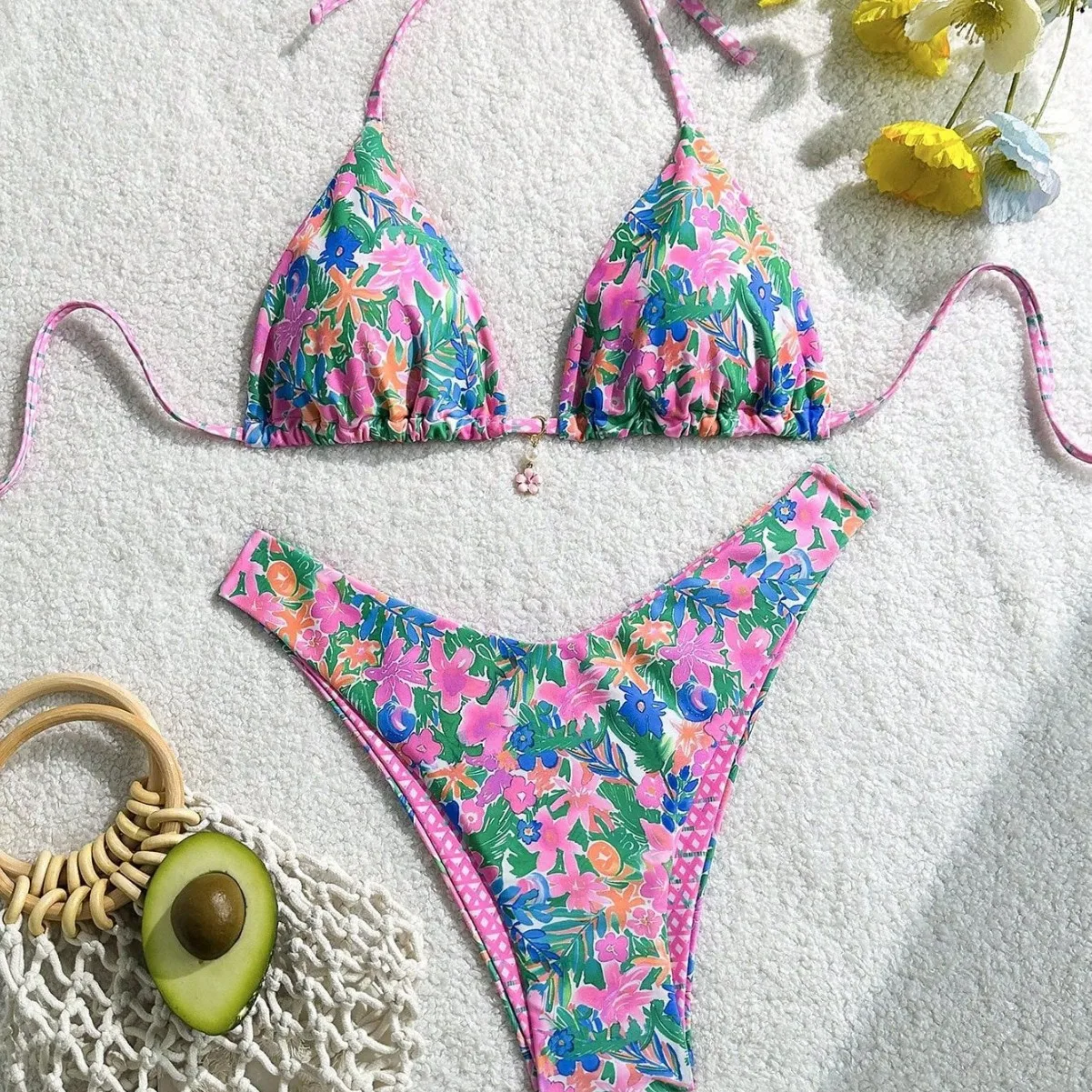 

Women Floral Print Triangle Bikini Set Halter Top High Cut Bottom Swimsuit