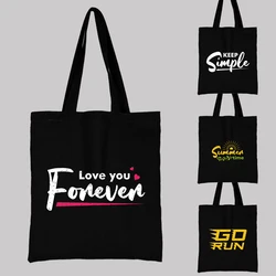 Shopping Bag Woman Black Canvas Tote Hand Casual Reusable Phrase Pattern Printed Shoulder Bag Large Capacity Foldable Handbag