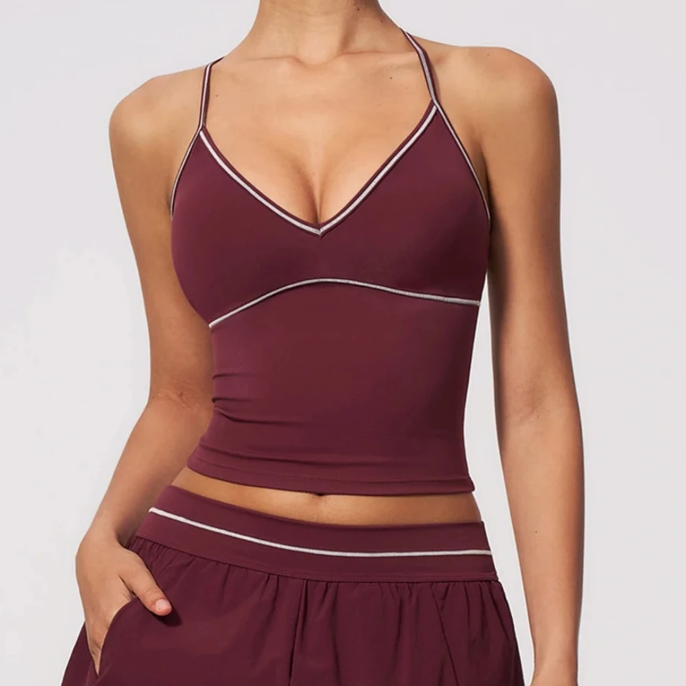 Women V Neck Sports Bra with Contrast Stitching T Back Open Back Crop Top Gym Workout Yoga Tank Tops Female Activewear Padded