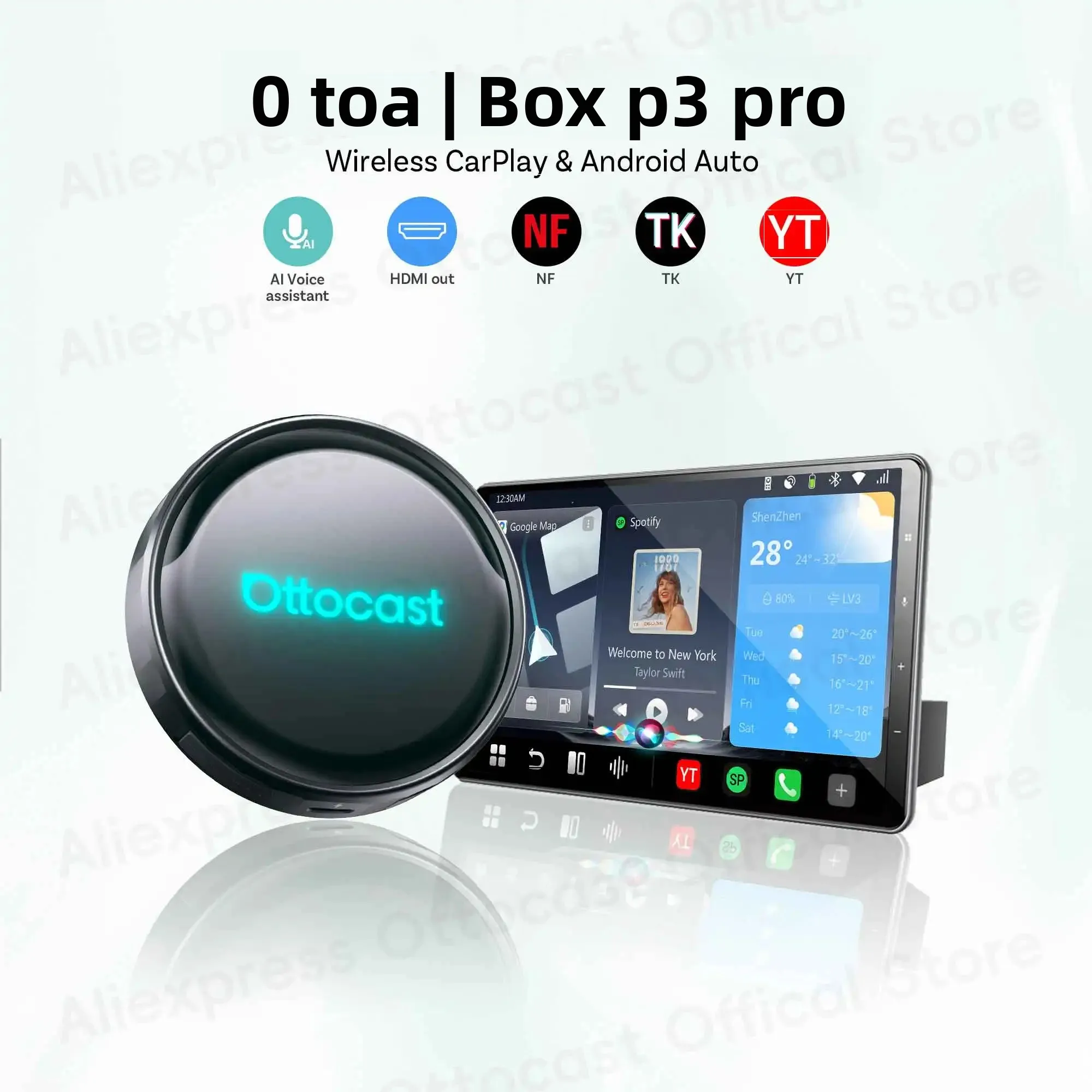 OTTOCAST P3 PRO AI Box Android TV Box for HDMI out Wireless CarPlay Android Auto Car Accessories for Toyota VW Honda Kia Benz