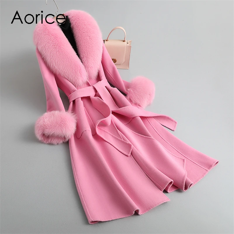 

Aorice Women Luxury Winter Wool Fur Coat Jacket Femal Fox Fur Collar Coats Lady Long Over Size Parka Trench CT2133