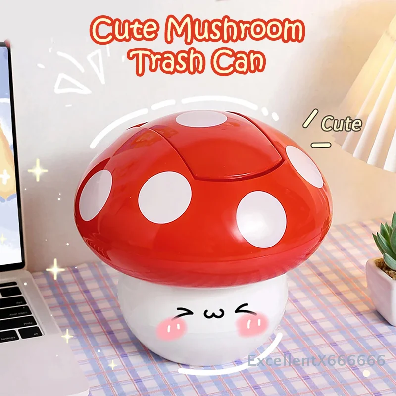

Cute Garbage Can Waste Bin With Lid Detachable Collect Rubbish Red Mushroom Table Desk Binwastebaske Mini Household Accessories