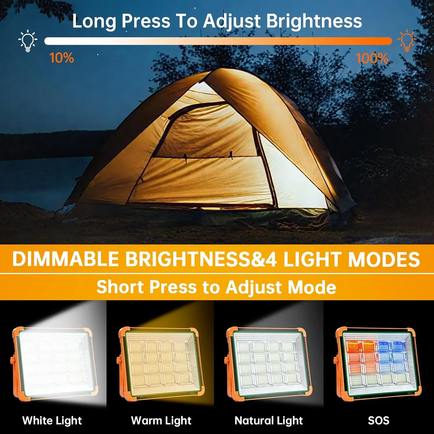 Portable Solar Rechargeable Work Light - 4 Modes Waterproof LED Flood Light for Camping, Fishing, Car Repair, Emergency Use