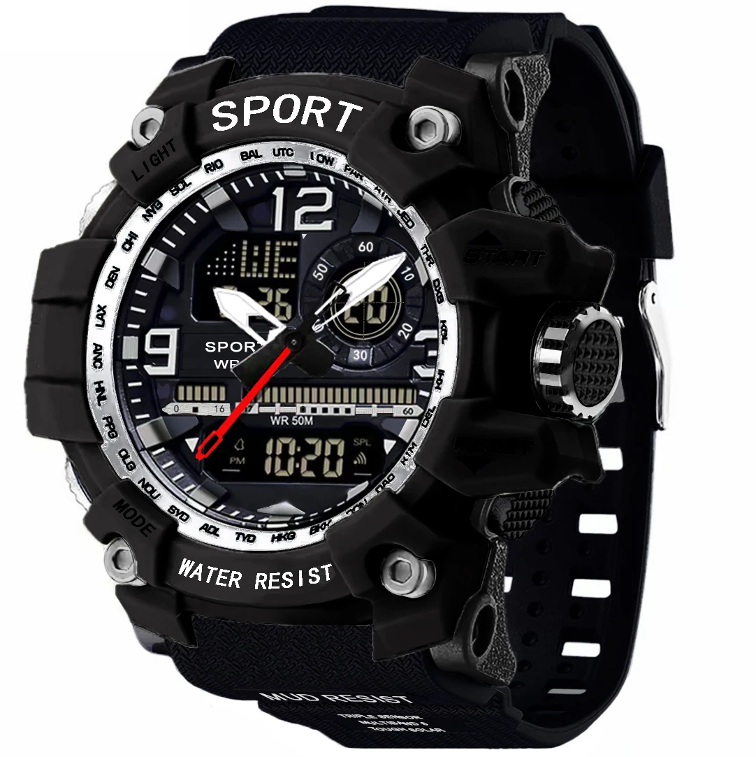 ساعة رياضية عالمية مزدوجة 2100 للرجال والنساء، شاشة LED مزدوجة، وظيفة كاملة، توقيت عالمي LED