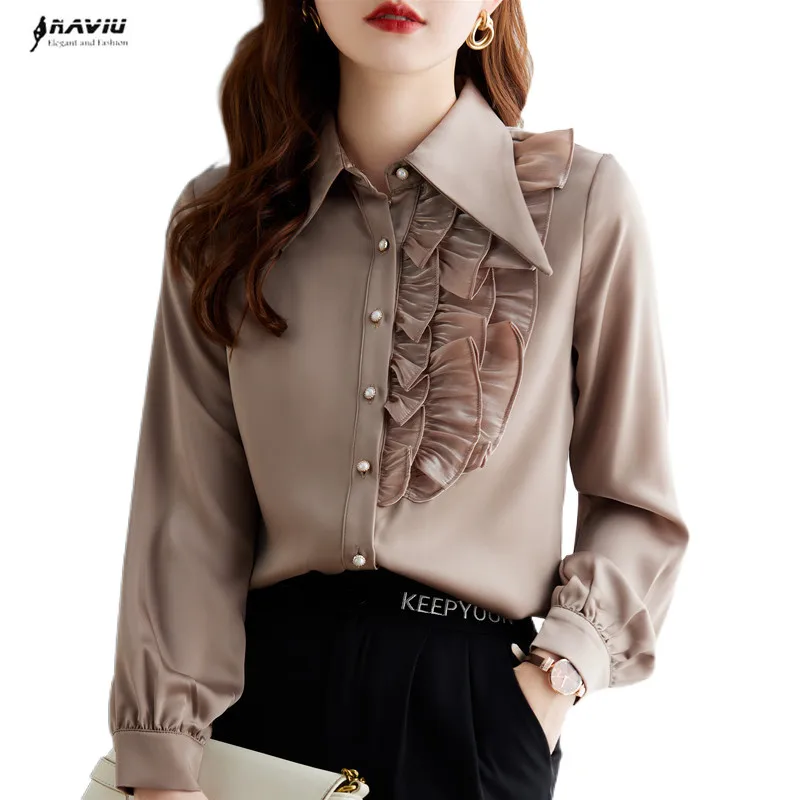 Khaki Long Sleeve Shirt Women Autumn New High End Fashion Temperament Formal Chiffon Blouses Office Ladies Work Tops White