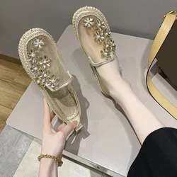 2024 New Lace Mesh Crystal Floral Loafers Shoes Women Comfort Breathable Summer Walking Shoes Woman Fashion Slip-on Ballet Flats