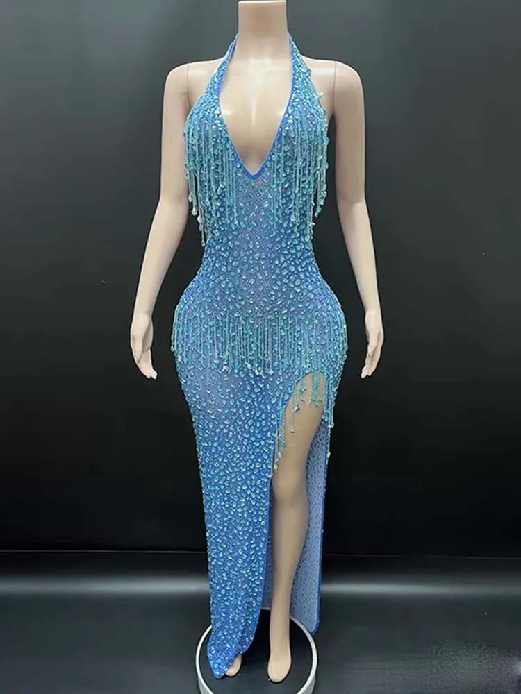 Hoge kwaliteit hot stamping en heldere diamanten hanger sexy hangende nek blote rug jurk 2025, nieuwe mode aangepaste dameskleding