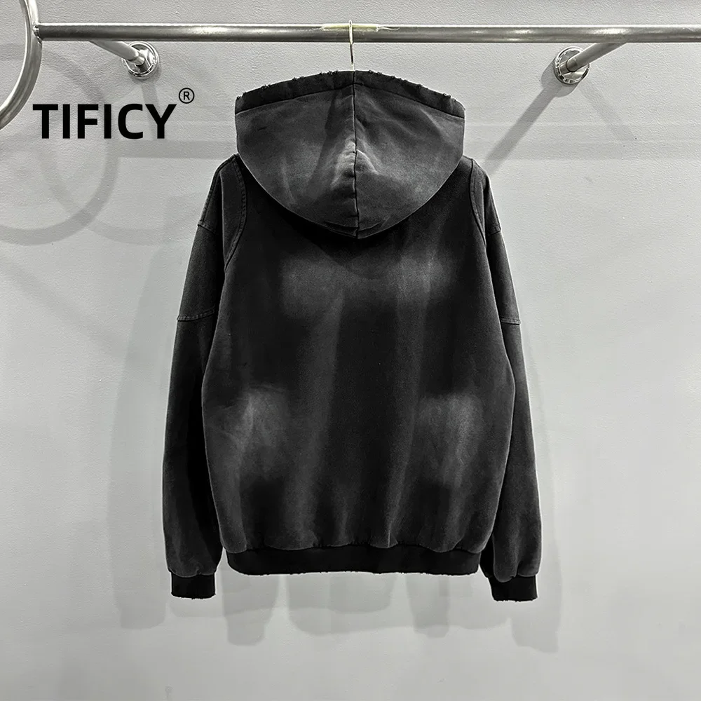 TIFICY High Street Hooded Sweatshirt Men's Autumn and Winter Heavy Craft Washed Water Mill White Punk  Deep Gray  Pocket Jacket