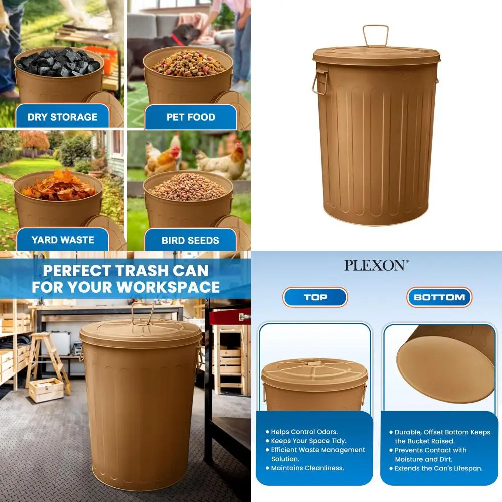 

20-галлонный декоративный уличный мусорный бак из оцинкованной стали с крышкой для хранения в мастерской, цвет: медь