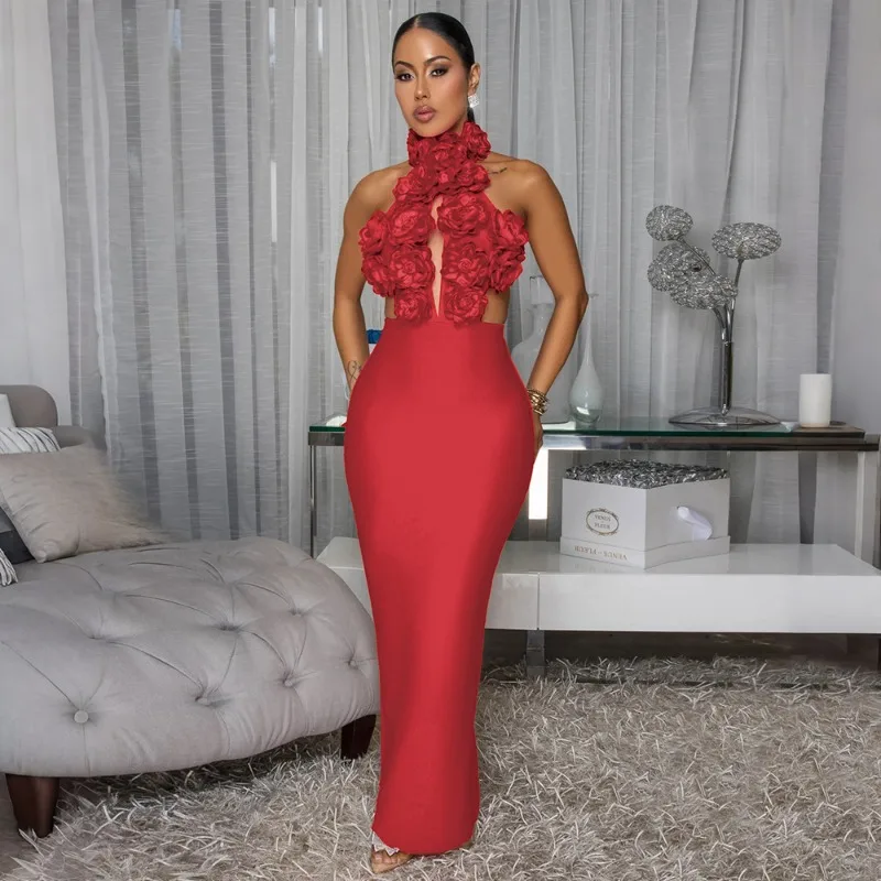 KEXU femmes sans manches élégant col en v découpe 3D fleur longue robe Maxi 2025 été Sexy robes de soirée robes