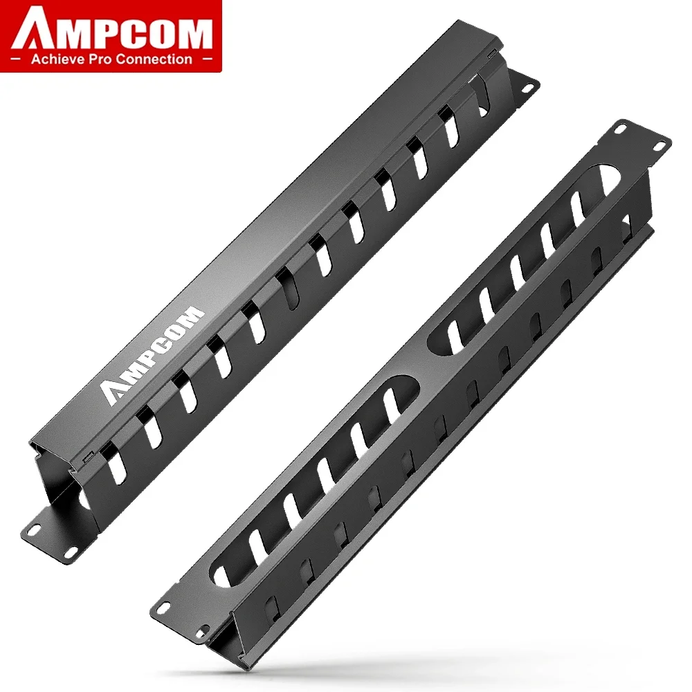 AMPCOM 1U Cable Management Horizontal Mount 19 inch Server Rack , 12/24 Slot Metal Finger Duct Wire Organizer with Cover