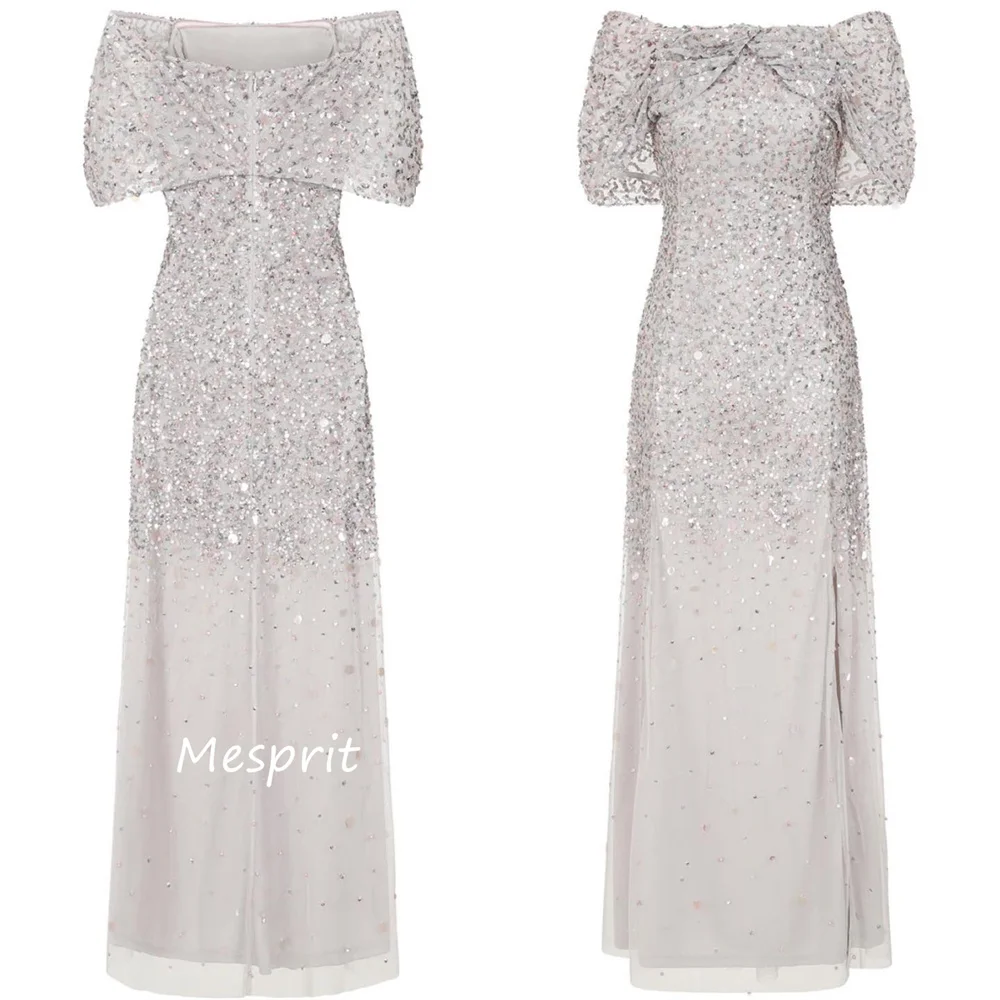 Mesprit gaun malam kili-kili Off-the-shoulder A-line manik-manik Paillette/payet Organza