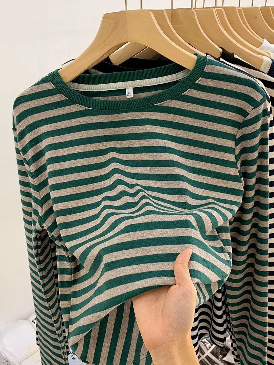 European Goods 2024 New Stripe Long sleeves Shirt Women Autumn round Neck Top Inner wear Bottoming Shirt Design Sense 