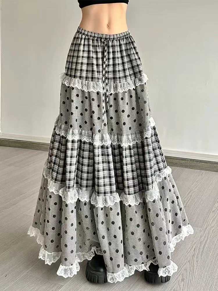 Vintage Patchwork Plaid Midi Rokken Vrouwen Y2K Sweet Lolita Alle Match Een Lijn Rokken Japanse Losse Preppy Casual Geplooide Rokken