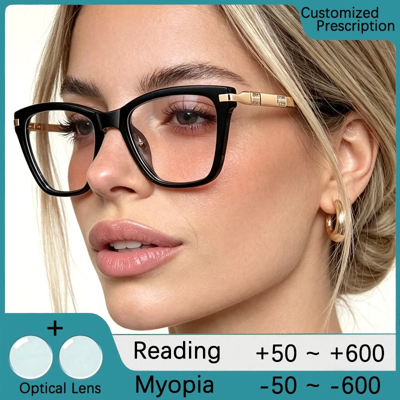Luxury Luxury Diamond Design Square Black Frame Blue Light Blocking Glasses Myopia Reading Glasses For Women Customizable Prescription - Aliexpress Deal