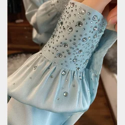 Women Drilling Faux Silk Blouse Sequined Cardigan Beaded Satin Shirts Spring Sequined OL Crop Chiffon Tops Diamonds Blusas Mujer