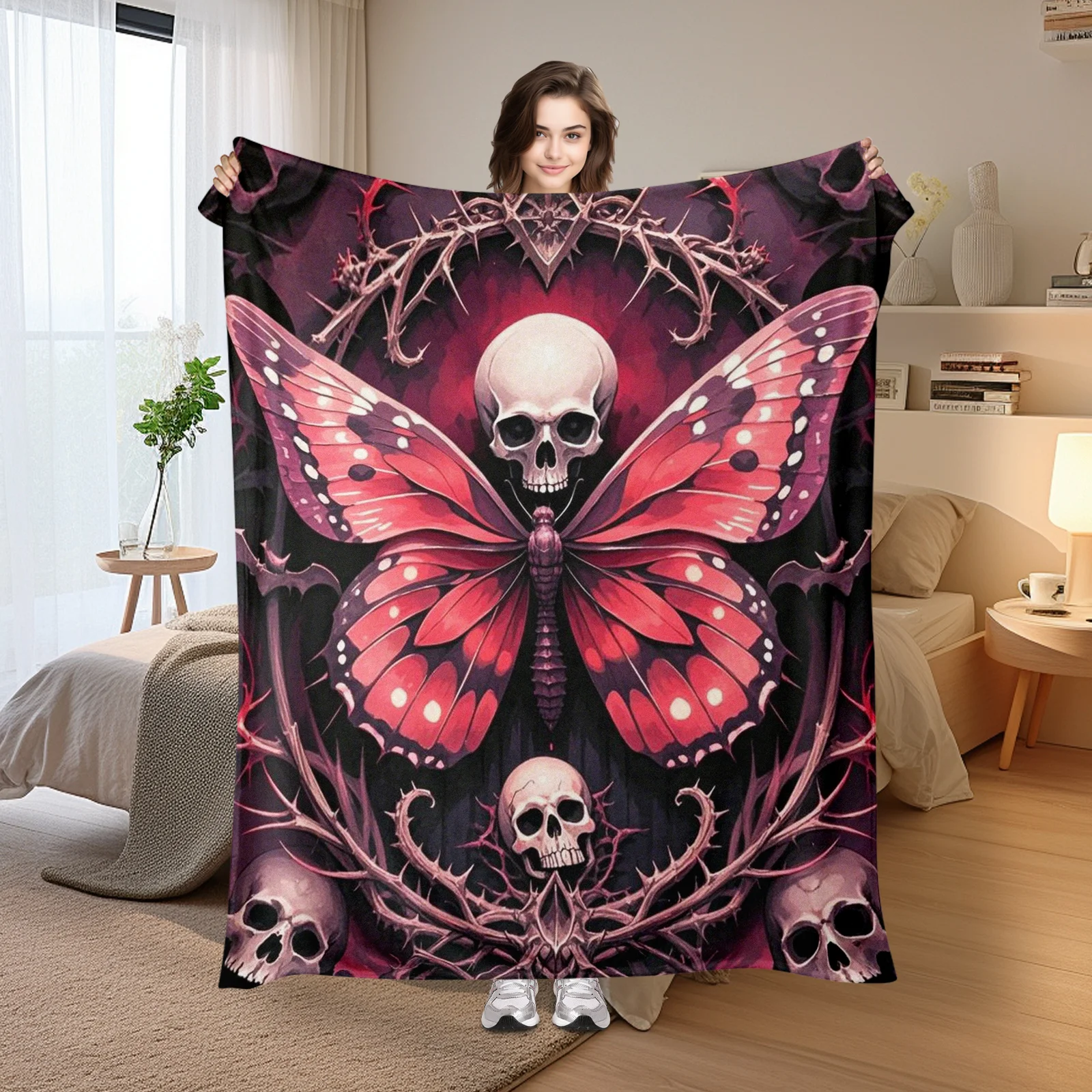 Dark Red Butterfly Skull Bat Thorn Design Warm Throw Blanket For Gothic Home Decor Or Unique Outdoor Relaxation Comfort