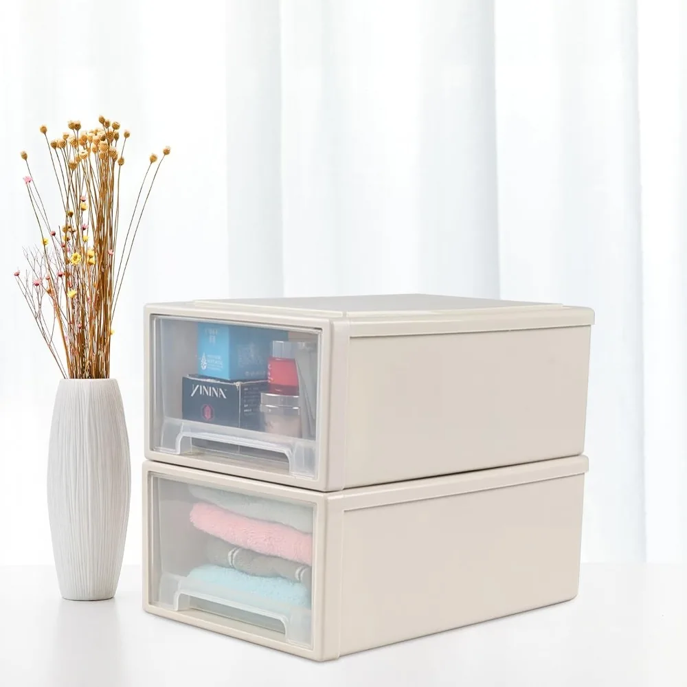 3-Pc Plastic Stackable Storage Drawers - Large Capacity Organizer Unit with 13 Quarts Capacity for Home and Office