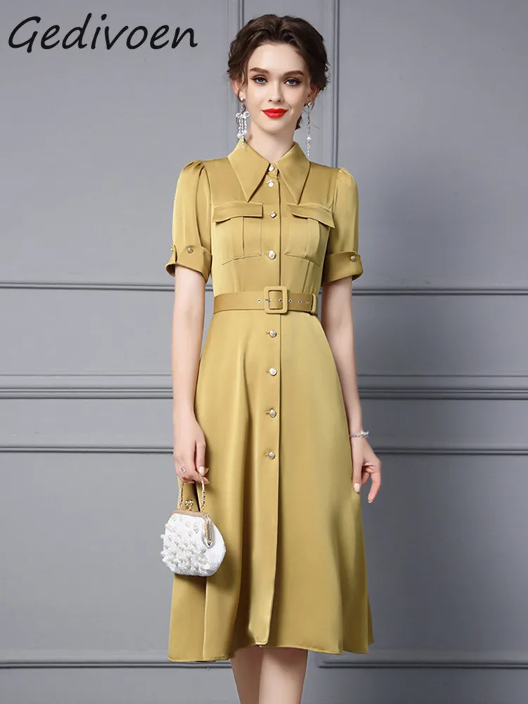 

Gedivoen Summer Fashion Designer Elegant Yellow Shirts Dress Women's Short Sleeve Pocket Sashes Single Breasted Slit Midi Dress