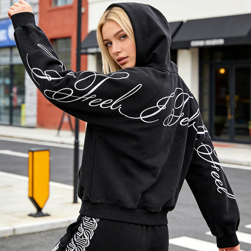 Simple Commuter Women Coat2026 American Dark Gothic Casual Loose Long Sleeved Hoodies Zipper Vintage Letter Printing Streetwear