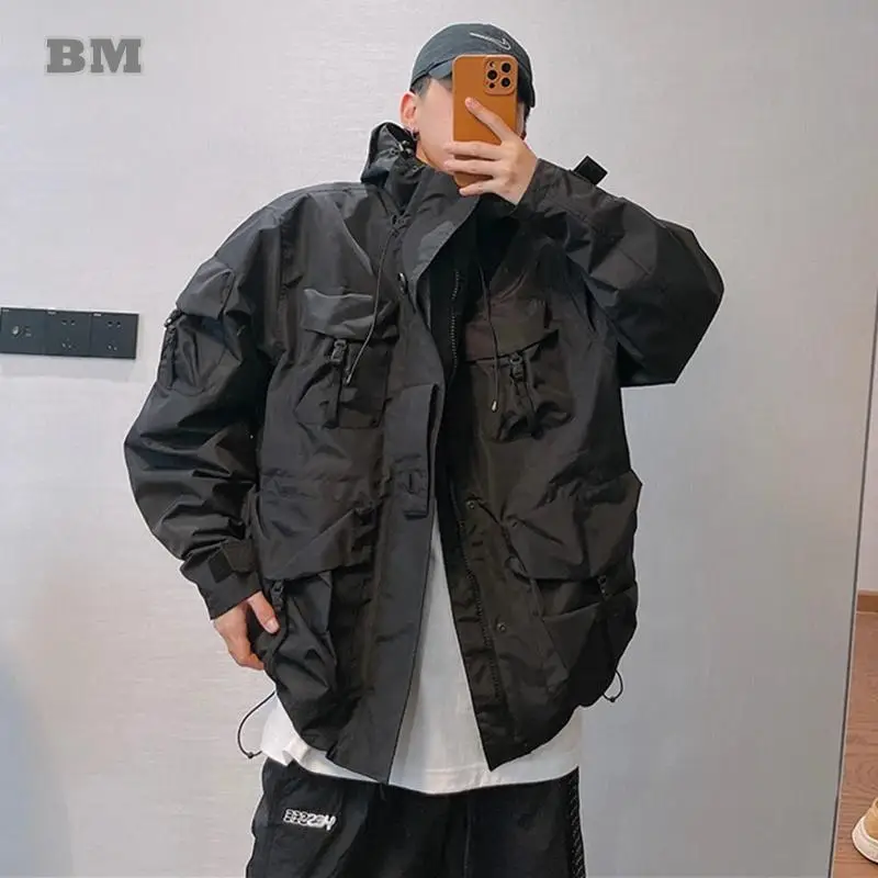 Outdoor Windbreaker Multi-Pocket Hooded Cargo Jackets Japanese Streetwear Waterproof Coat Harajuku Casual Tactical Men Clothing