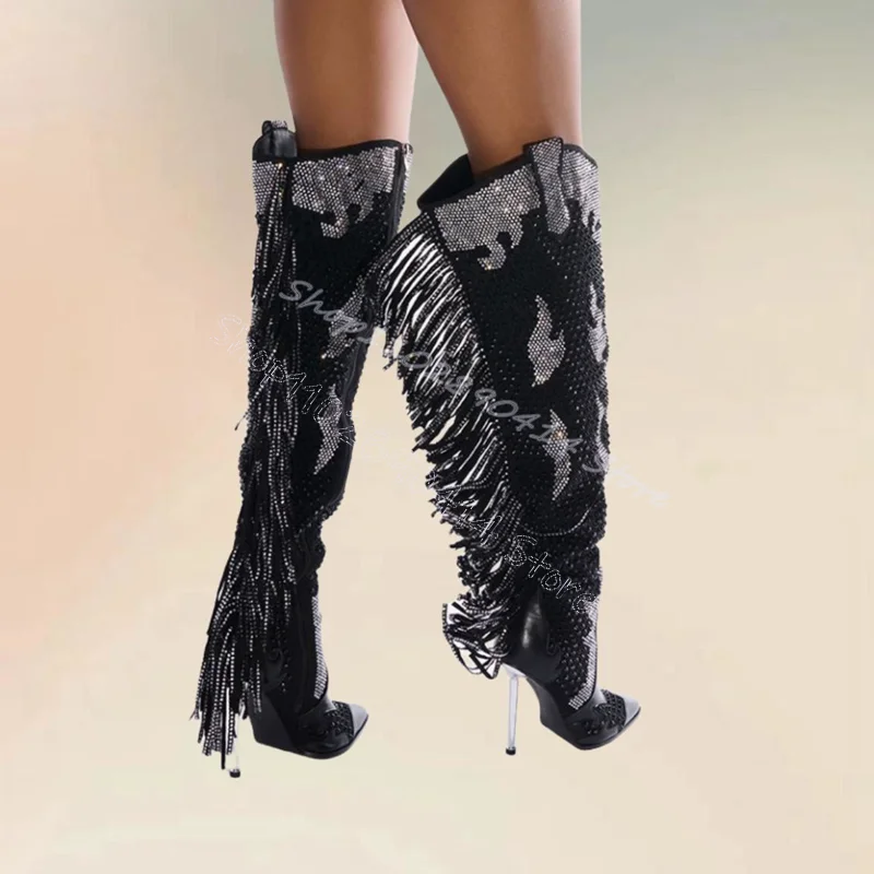 Botas de tacón de Metal con borlas de tótem de cristal Para mujer, Zapatos de tacón alto fino, a la moda, Para fiesta y banquete, 2024