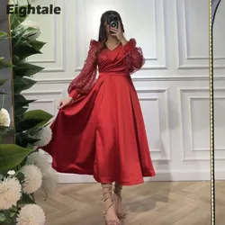 Eightale Short Evening Dress for Wedding Party Satin Long Sleeves A-Line Shiny V-Neck Arabic Red Prom Graduation Gowns