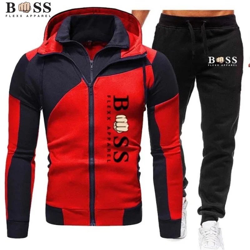 BSS FLEXX APPAREL Nowa męska kurtka z zamkiem błyskawicznym z kapturem + spodnie dresowe Sport Casual Jogging Odzież sportowa 2-częściowy zestaw dla