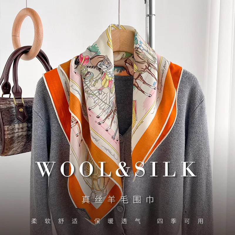 65X65CM Square Scarf 30% MULBERRY SILK 70% WOOL Retro Knight Equestrian Print Neck Scarf Women Vintage Headscarf Bag Decor Shawl