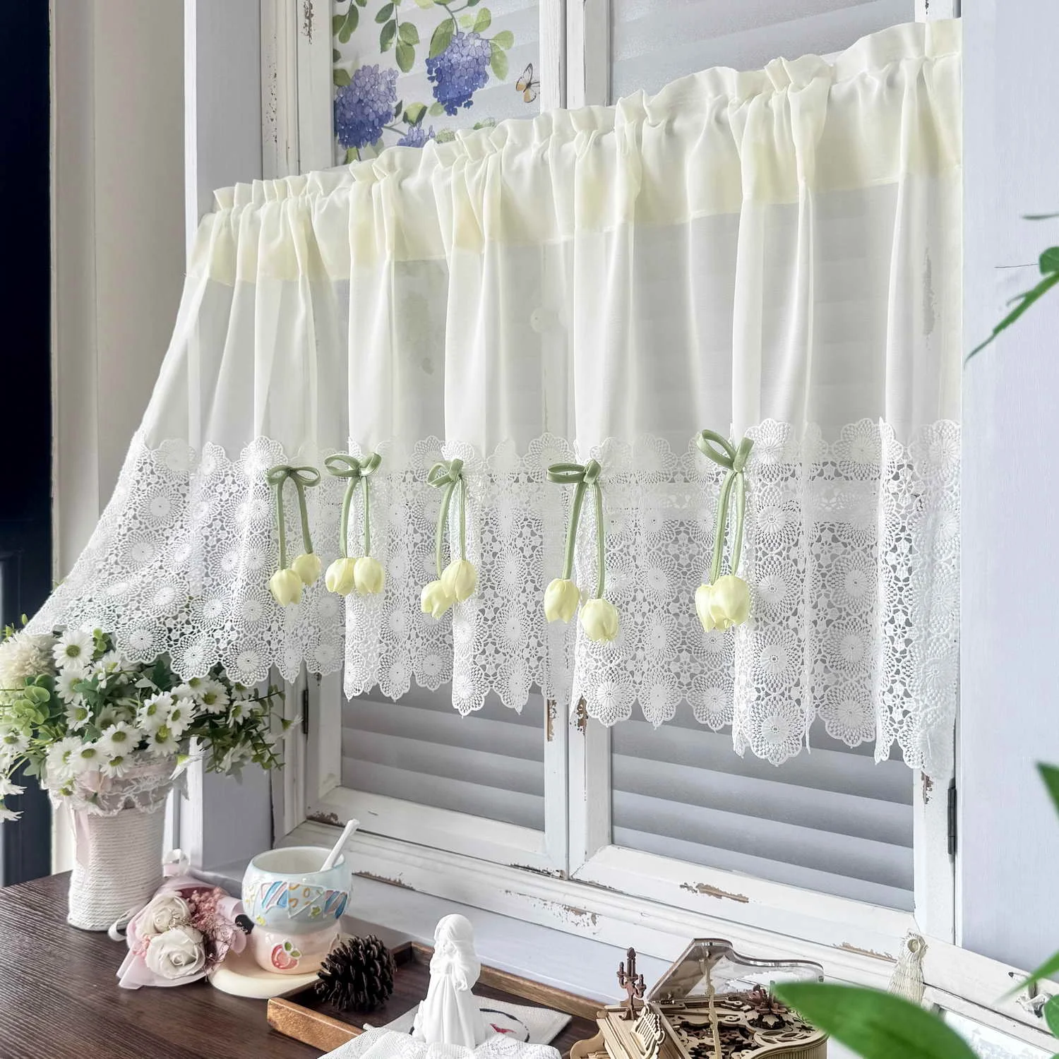 

1pc Cute Korean-style yellow tulip-decorated short curtains for small windows, Apartment Kitchen Drapes, Bedroom Window Valance
