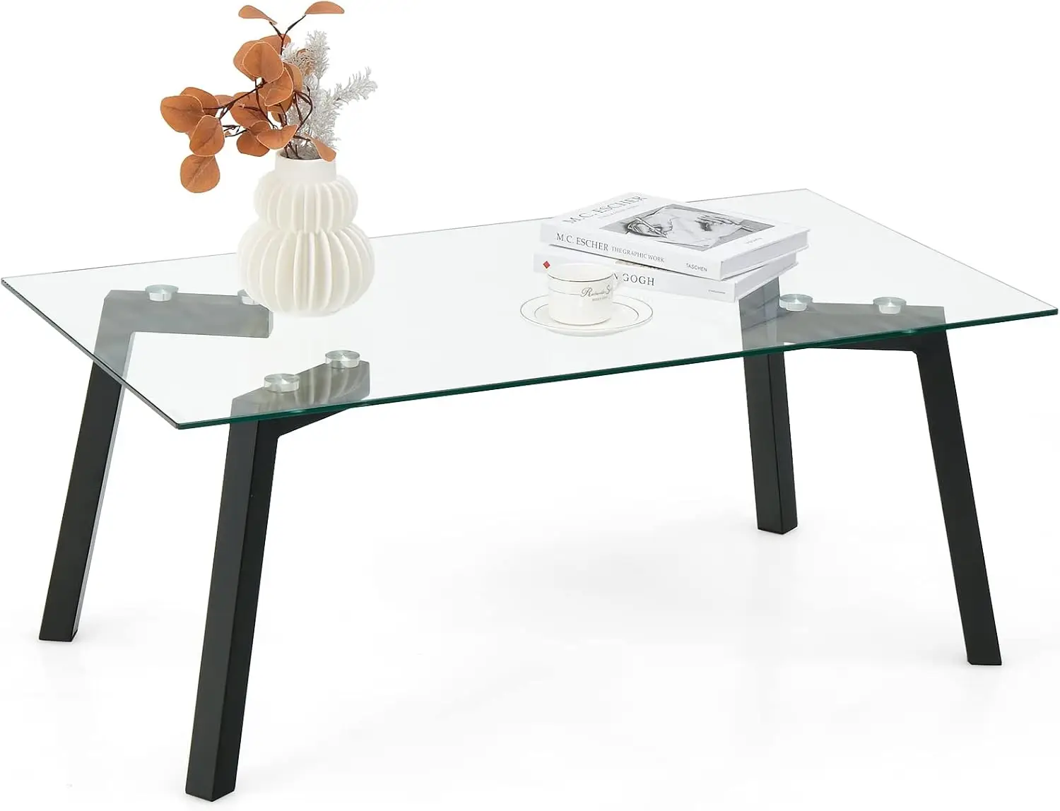 Tempered Glass Coffee Table, Rectangular Center Table with Heavy Duty Metal Frame, Modern Cocktail Table, Clear Tea Table