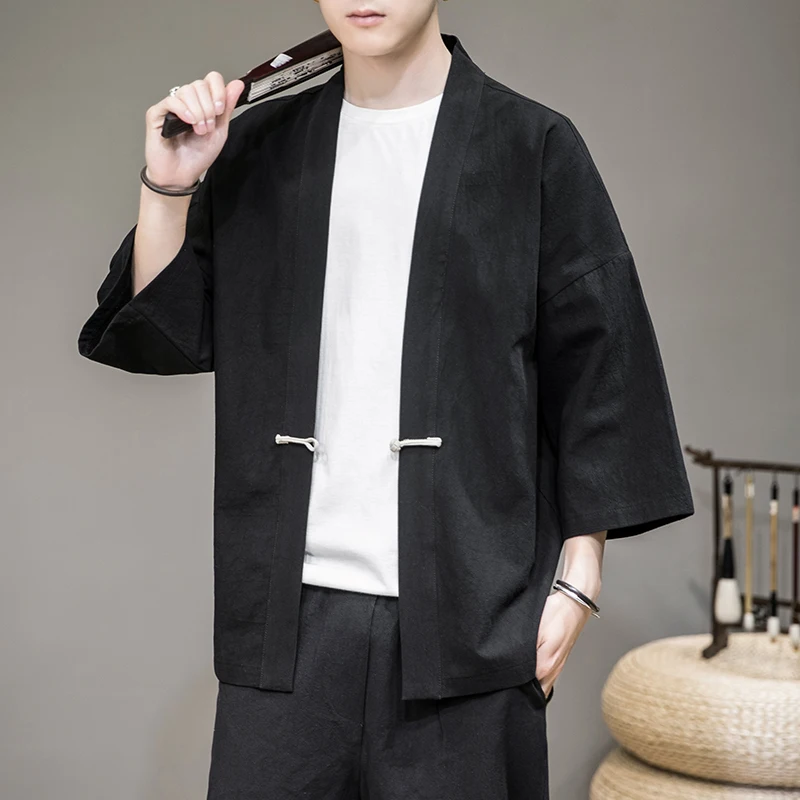 

Chinese Sle Tang Suit Hanfu Kimono Wind Robe Men's Faion Cotton Linen Button up Cardigan Outerwear Urban Youth Summer Jaet