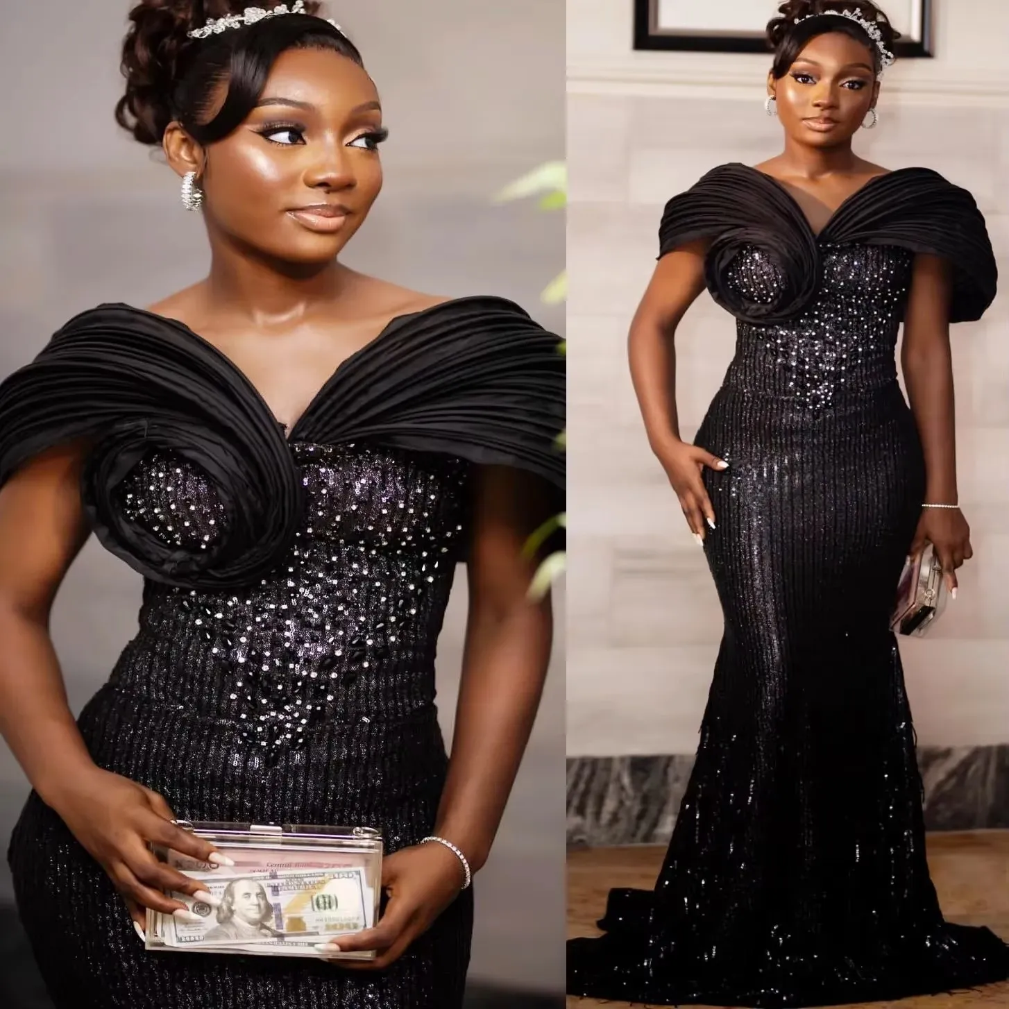 Elegant Black Mermaid Evening Dress Sexy Phantom Long Sleeve V-Neck Formal Ball Gown with Layered Patchwork Beads for Party