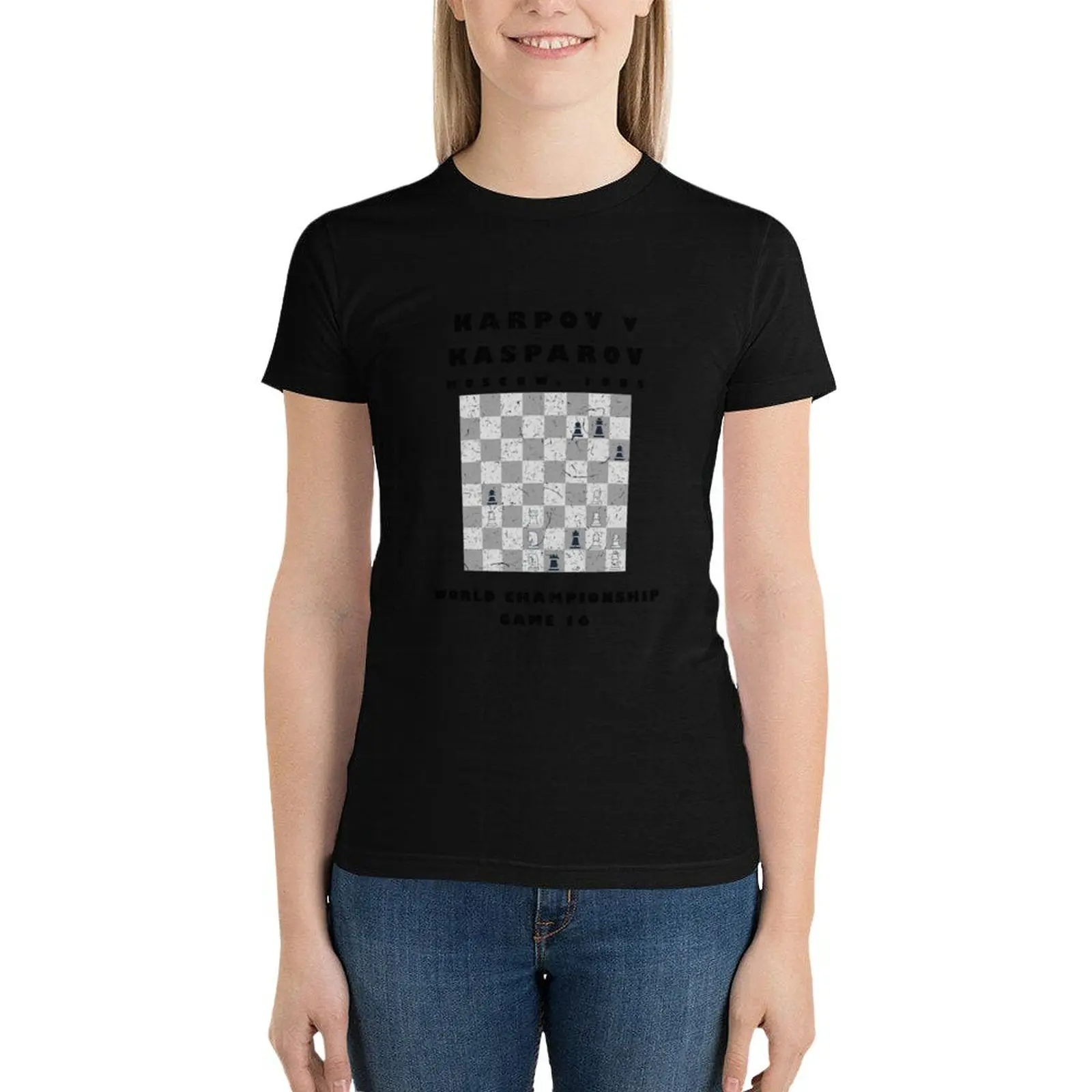 

Chess Karpov v Kasparov, 1985 World Championship T-Shirt summer top funny cute t-shirts for Women