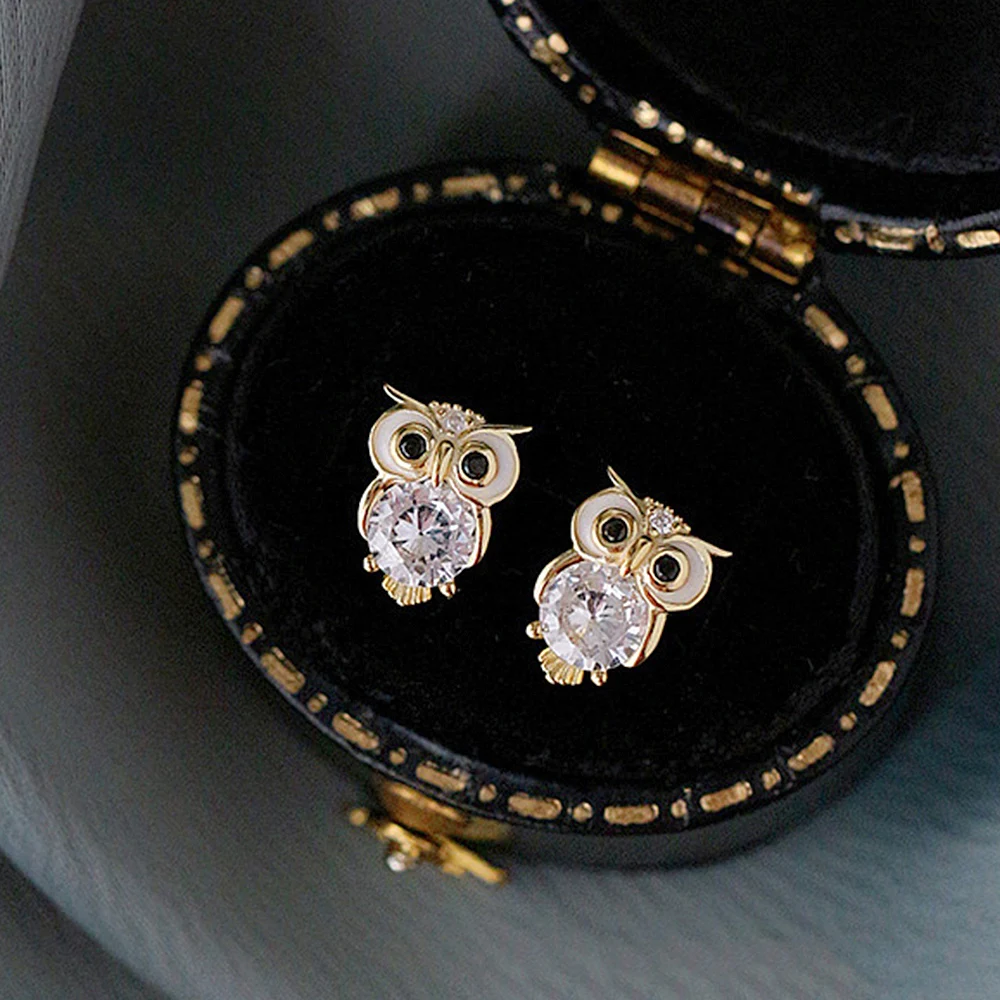 Huitan Gold Color Owl Stud Earrings Funny Cute Night Owl Earrings Women for Dance Party Cute Girl Gift Luxury CZ Ear Jewelry