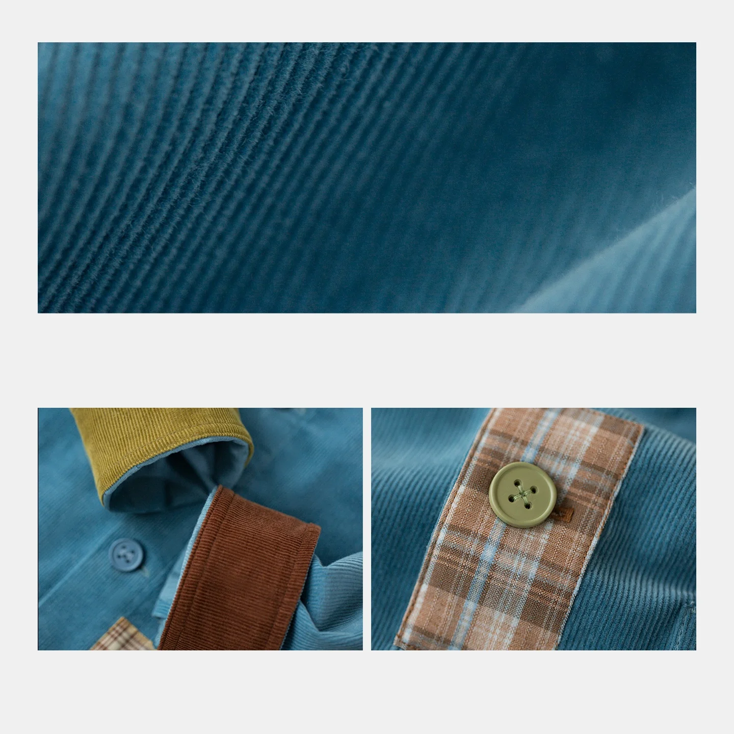 Women's Corduroy Shirt Jacket - Lake Blue Plaid Contrast Panels