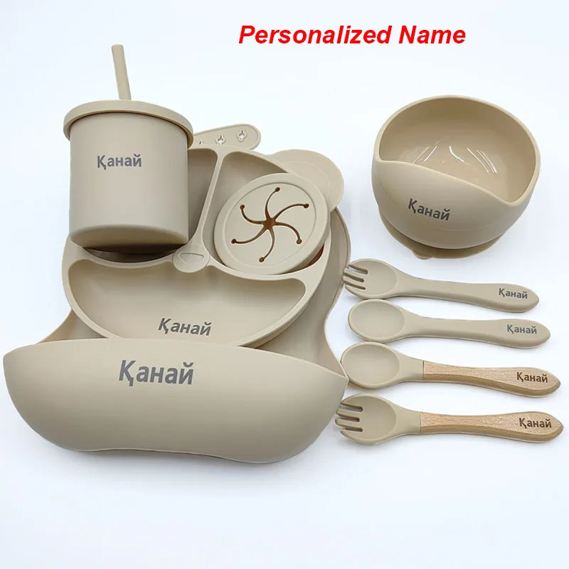 Silicone Sucker Bowl Plate Cup Bibs Spoon Fork Sets Personalized Name Children\'s Feeding Dishes Silicone Tableware Set For Kids