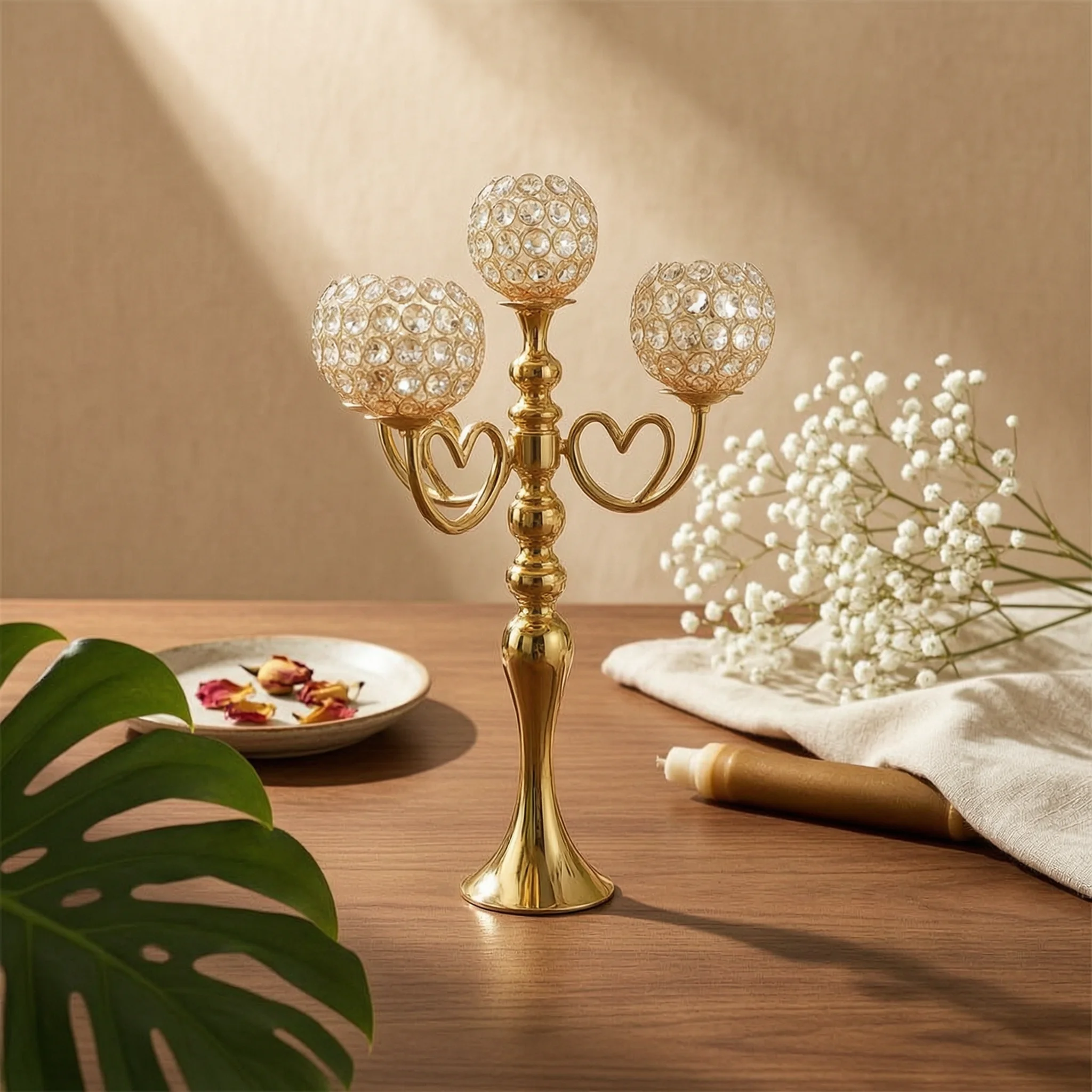 Candelabra with Crystal Beads Gold-Toned Candle Holder with Five Heads Candle Holder with Crystal Bowls Shiny
