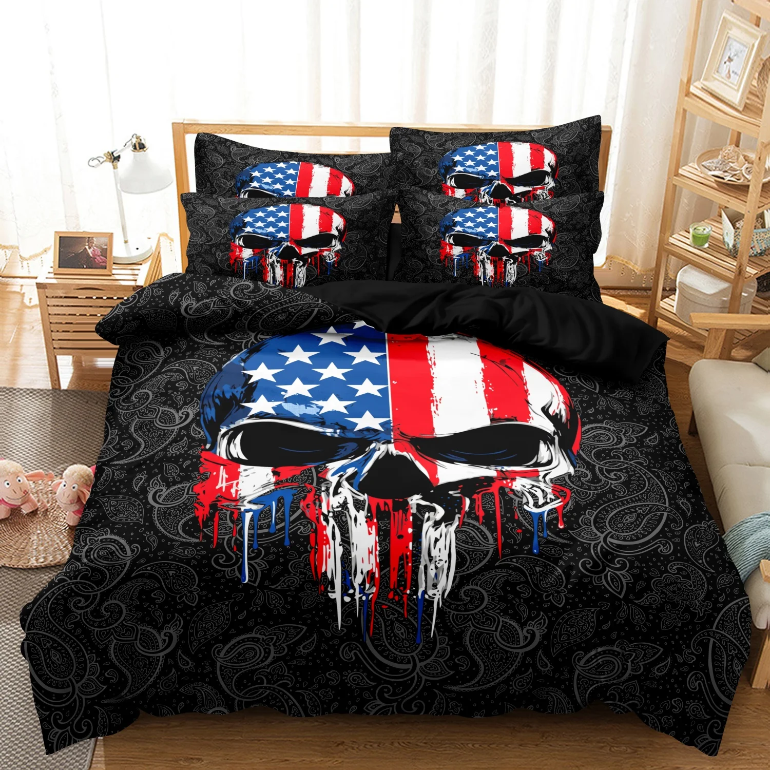 Black Grey Paisley American Flag Skull Paint 3 Pcs Duvet Cover Set, Patriotic USA Star Stripe Drip Paint Skeleton Print Bedding